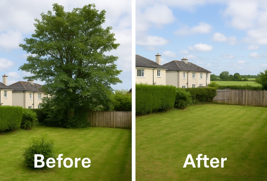 Tree work before and after comparison - Carrigaline property transformation by Eco Tree Surgeons Cork