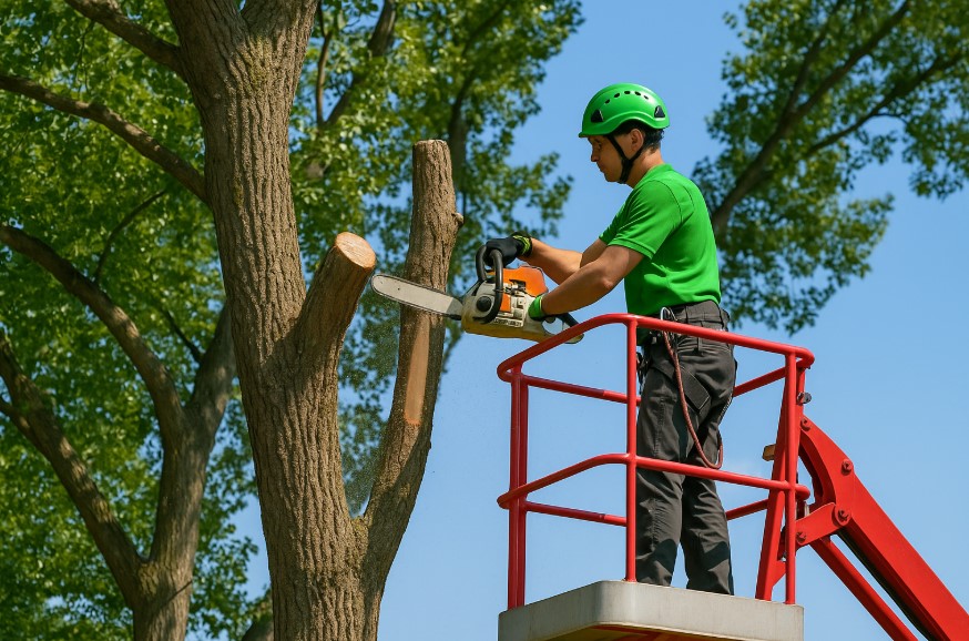 Tree surgeon cutting branches from elevated platform – commercial service