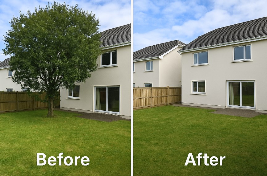 Professional tree surgery results - Douglas before and after landscaping by Eco Tree Surgeons Cork