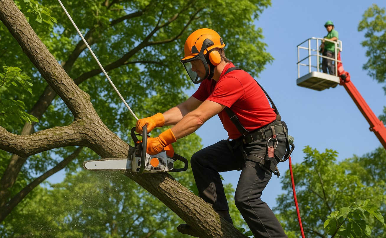 Professional tree surgeon using boom lift for tree cutting in Cork
